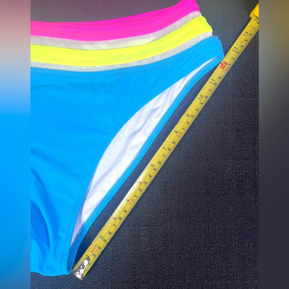 POPVIL Swim Bikini Bottom High Leg Waist Neon Turquoise Pink Yellow Med NEW NWT